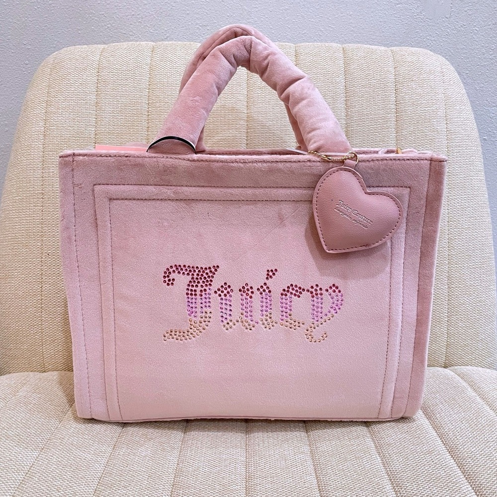 Juicy Couture Pink Velour Rhinestone Logo Tote Bag Crossbody‎ New